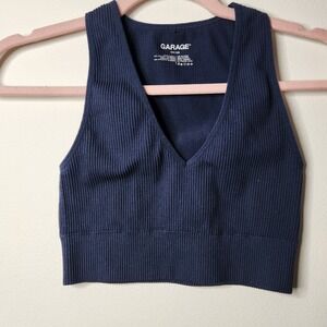 GARAGE Ribbed V Neck Cropped Tank Top Navy Blue XS Seamless Athletic